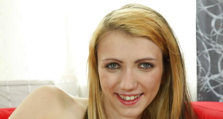 Very attractive blonde young Beatrix Glover exposes her ass in and plays with sex toy 