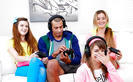 Very attractive girls Kimmy Granger, Payton Lee and Alex Mae take part in hot interracial orgy 