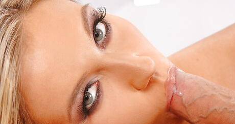 Superb russian blond milf Cherry Jul work with wet lips on huge rod and gets a cum shot in her mouth 