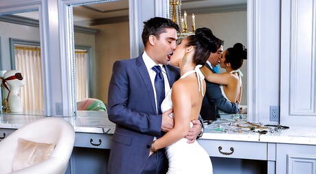 Excellent american brunette Eva Lovia in fancy skirt enjoy hardcore groupsex action 