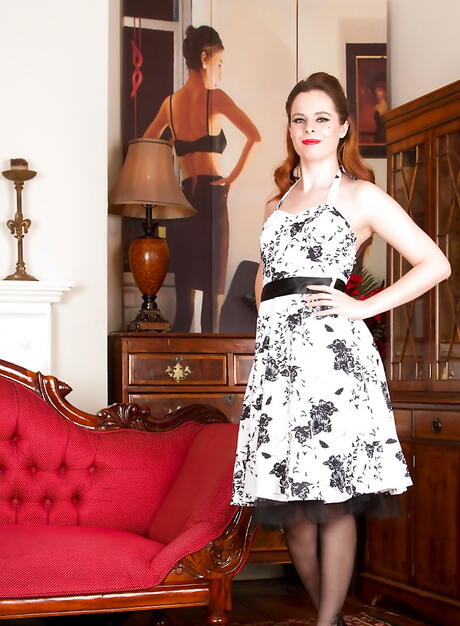 Hot british milf Tiffany Naylor in nice skirt exhibiting tiny tits and spreading her legs 