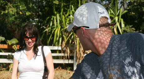 Attractive american milf Rayveness in fancy skirt drilled by huge rod after good suck outside