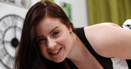 Adorable french dark hair chubby Lexie Candy in nice skirt exhibits big hooters and spreads her legs 