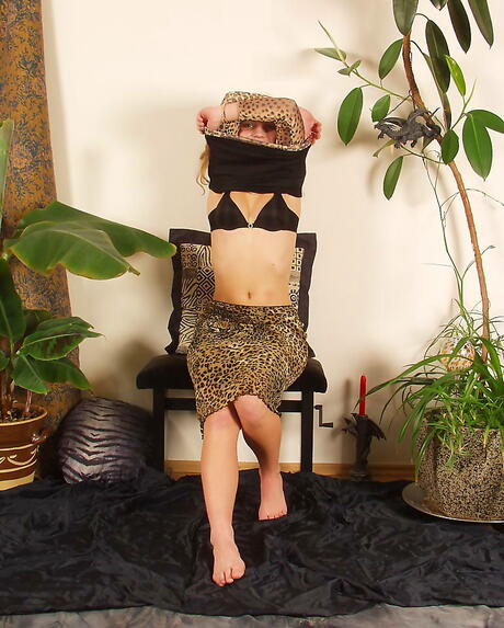 Slim teen Monika in fancy skirt exposing her ass and jerking off 