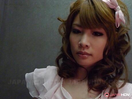 Stunning japanese red-haired Shiori Amano in nice skirt work with wet lips on cock and takes a cum blast in mouth 