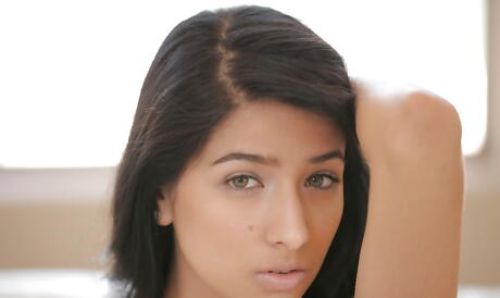 Very attractive latin dark-haired teen Megan Salinas in hot undies bares her ass and spreads her legs 