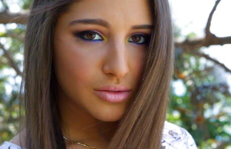 Slim american dark hair teen Abella Danger exposes her ass outdoor