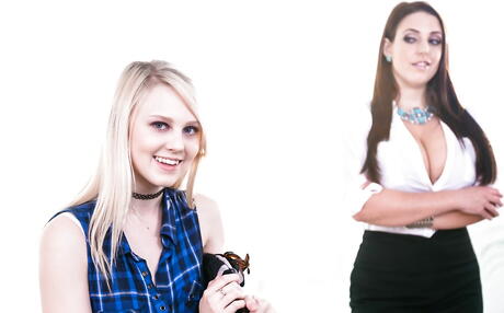 Svelte women Angela White and Lily Rader licking pink pussies and scissoring each other 