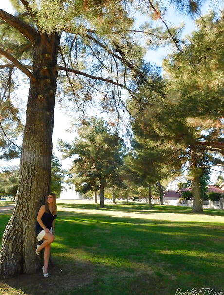 Tempting blond babe Danielle Delaunay in sexy skirt showing big boobies and loving sex toy outside