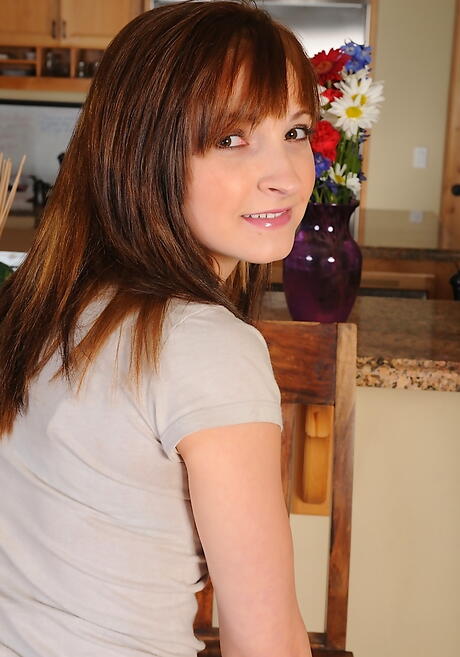 Foxy brunette young Mia Mayson in sexy shorts showing big knockers and pussy 