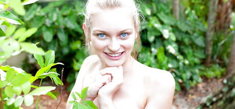 Slender american blonde teen Alli Rae in sexy underwear showing big knockers and masturbating outdoor