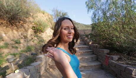 Stunning american dark-haired teen Jade Nile in shorts bares her butt outdoor