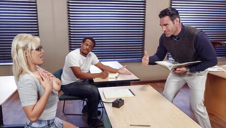 Foxy american youthful Kylie Page in sexy glasses take in mouth black rod and enjoys a cum shot on face 