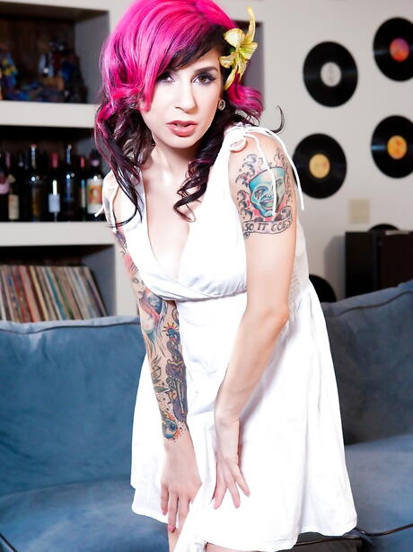 Delightful american milf Joanna Angel in underwear baring big knockers and spreading her legs 
