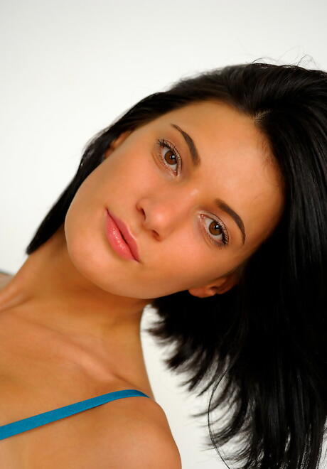 Luscious russian dark hair teen Milla Yul baring big titties and bald pussy 