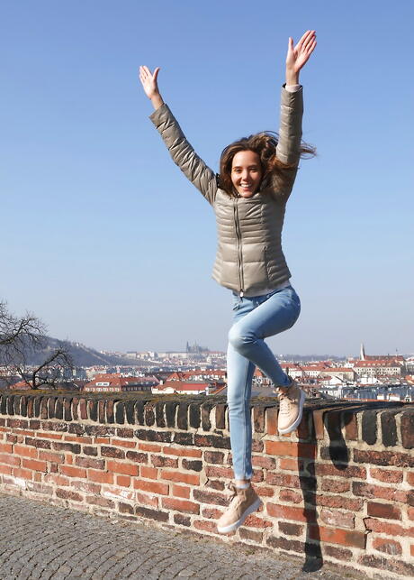 Charming cutie Katya Clover in tight jeans exhibits big boobs and hot ass outdoor