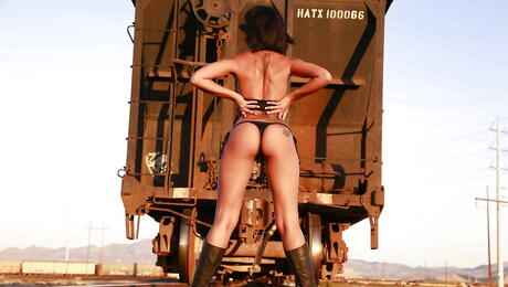 ZZ Series: Sexy american hottie Skin Diamond in underwear baring her ass and spreading her legs outside