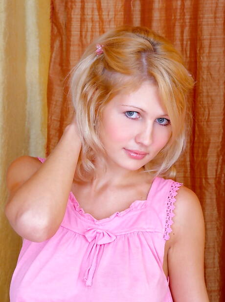 Sylphlike blond teen Blanca in undies exposes big hooters and spreads her legs 