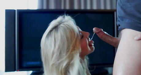 Wifeys World: Superb american blonde wife Sandra Otterson sucking deep huge cock and enjoys a cum shot in mouth