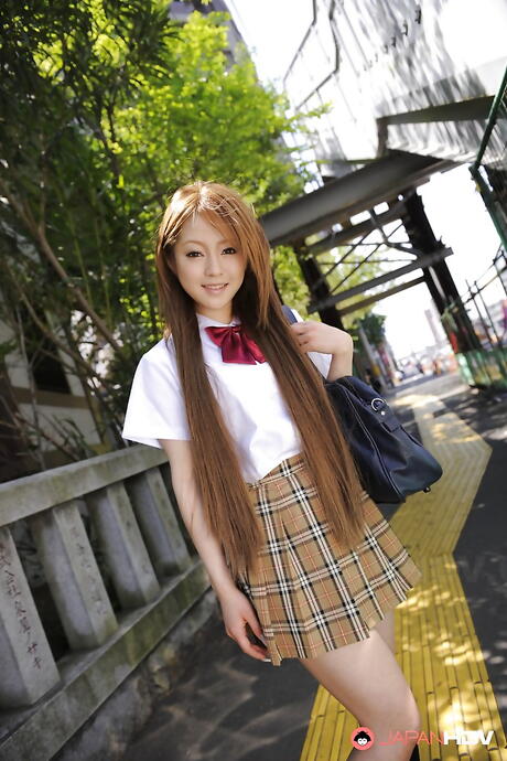 Hot japanese redheaded milf Ria Sakurai in skirt exposes her butt 