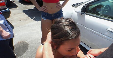 Sexy russian Adrian Maya robbing on big cock and enjoys a cumshot in mouth outdoor