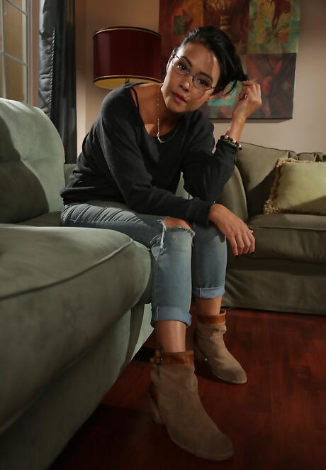 Sweet Heart Video: Slender american dark-haired hottie Dana Vespoli in sexy jeans reveals small tits and hairy pussy