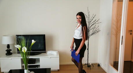 Digital Playground: Stunning czech dark-haired cutie Eveline Dellai in nice skirt exposing her ass and pussy in the kitchen