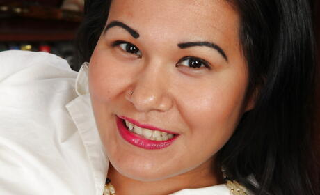 Very attractive oriental mature Susie Jhonson in lingerie exposes small tits and bald pussy 