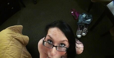 Street Blowjobs: Sylphlike brunette teen Violet in sexy glasses robbing on huge cock and takes a cum blast in mouth