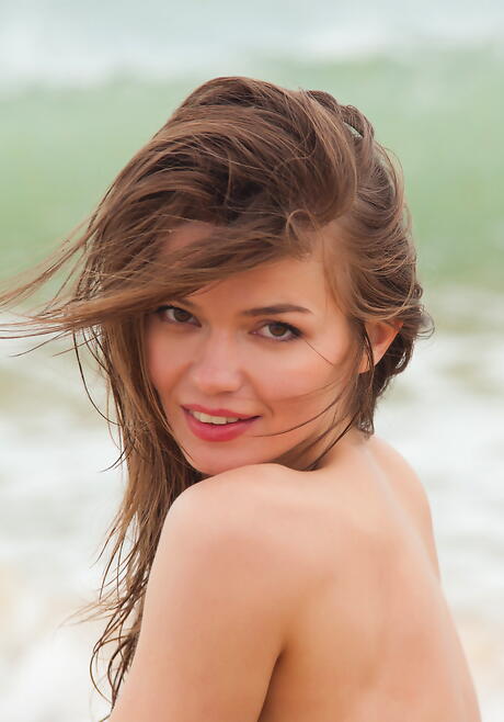 Rylsky Art: Sylphlike dark-haired hottie Nedda A in sexy bikini bares small tits and spreads her legs on the beach