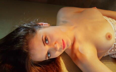 Slim brunette teen Etna denudes big titties and masturbates in the kitchen