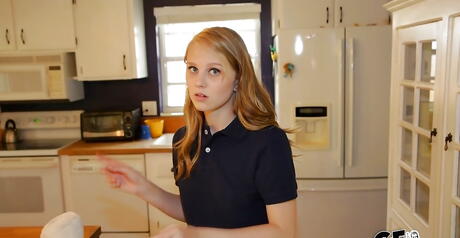 Luscious american blonde cutie Lily Rader reveals small tits and sexy ass in the kitchen