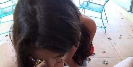 Very attractive Delilah in fancy shorts blowing big rod outdoor