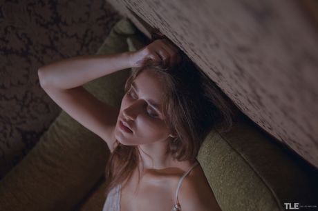 Emily J takes off her lingerie and rubs her hairy pussy on the bed