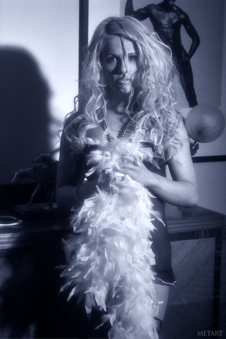 Sexy blonde Pamela A removes her lingerie and stockings to pose nude