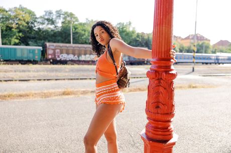 Sexy Latina Valery Ponce shows her hairy pussy and poses on a train