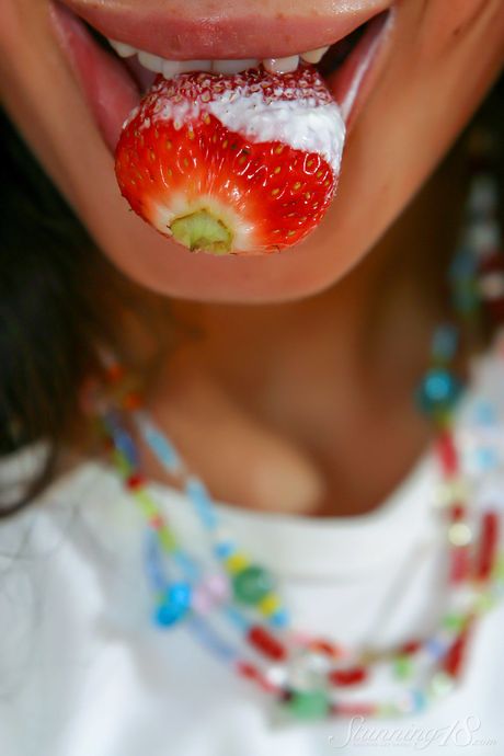 Cute teen Anoushka E gets naked on a kitchen counter after whipping cream