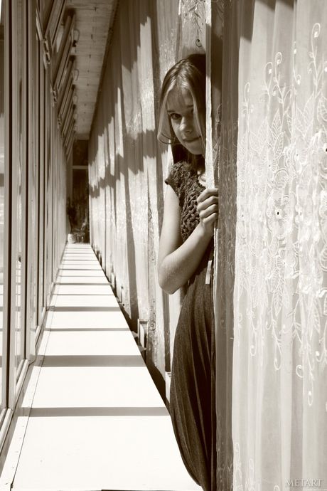 Blonde teen Milena D removes her lingerie to pose nude in stockings