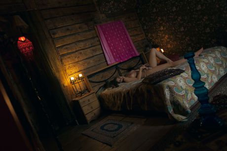 Slender teen Emily J uses a makeup brush to pleasure her trimmed pussy