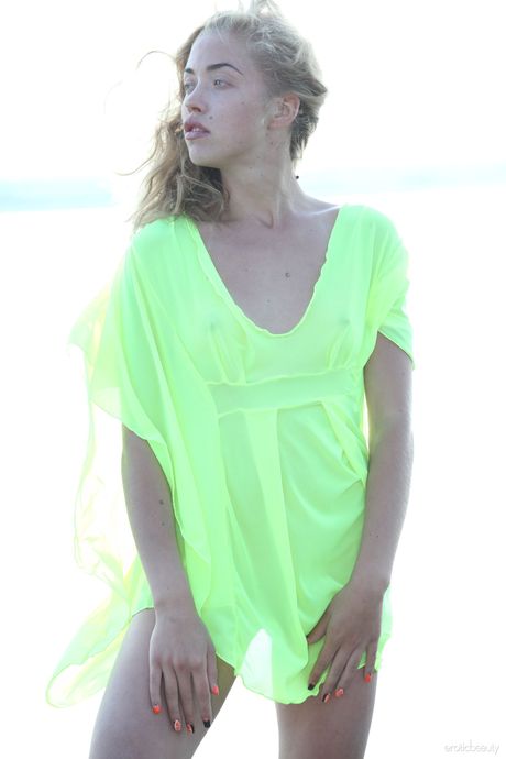 Delicate teen Casey B models totally naked on a rocky outcropping