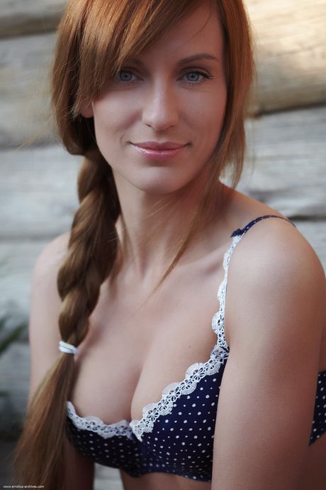 Lovely teen Gisele strips her white lingerie & poses nude on the stairs