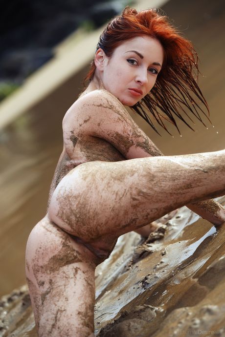 Eternal Desire: Skinny redhead Night A poses nude on secluded beach with no one around