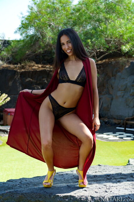 Latina teen Sherezade takes it all off on a garden bench by herself