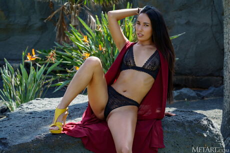 Latina teen Sherezade takes it all off on a garden bench by herself