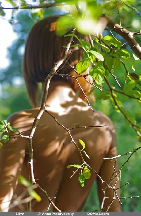 Ruiva sexy Ellyn posa nua no jardim para mostrar seus peitos e bunda minúsculos
