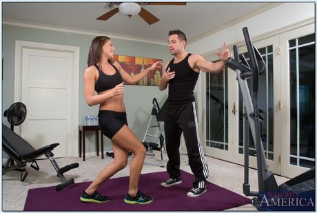 Sporty brunette Rilynn Rae gets her pussy fucked hardcore during a workout