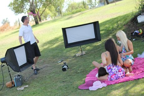 Hot blonde Jo and her girlfriend Blue Angel have lesbian threesome with a guy in the countryside