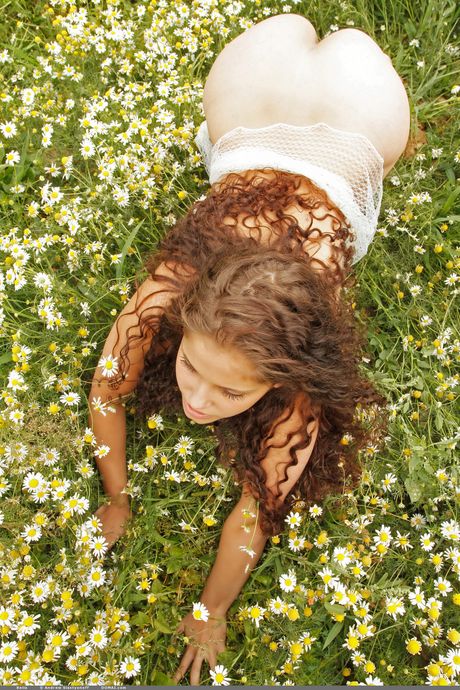 Barely legal girl with long hair and a nice ass poses naked in a field