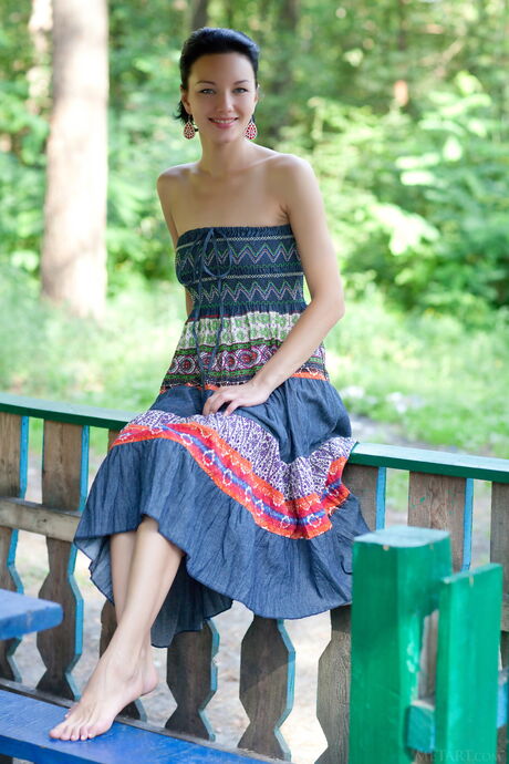 Sexy brunette Loreen A in short dress showing tiny tits & bald pussy