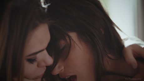 Delightful teen Julia Roca and Lara West have a lesbian relationship in the bathroom